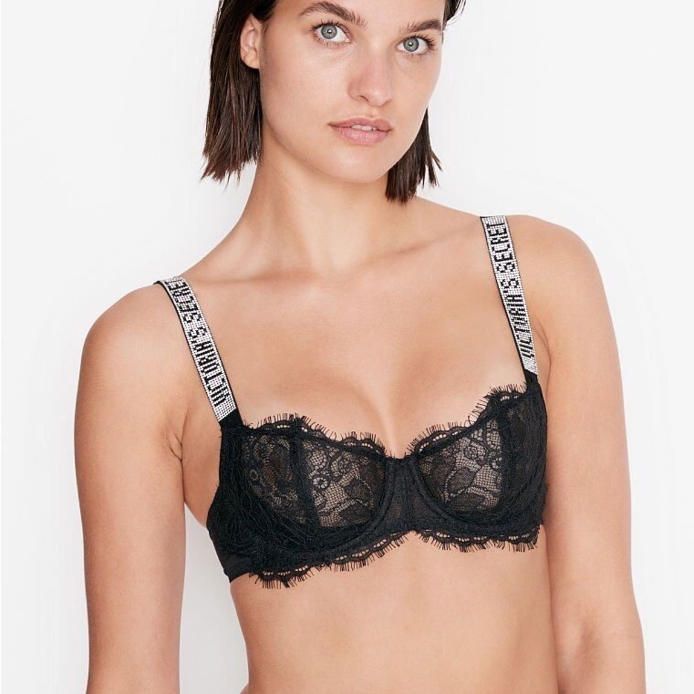 Victoria’s Secret Shine Strap Lace Bra Black Push-Up Without Padding Very Sexy